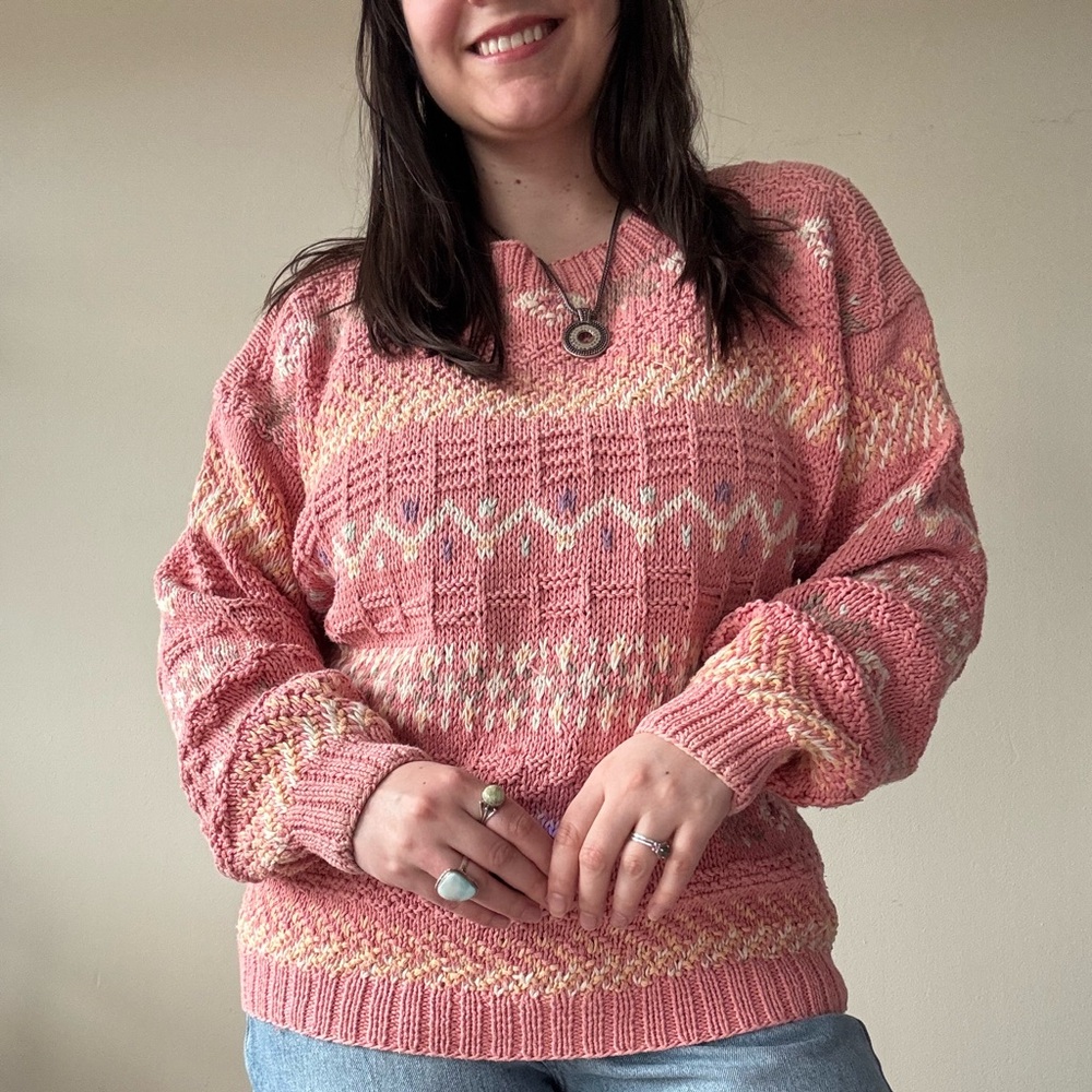 L.L. Bean Pink Patterned Crewneck Sweater